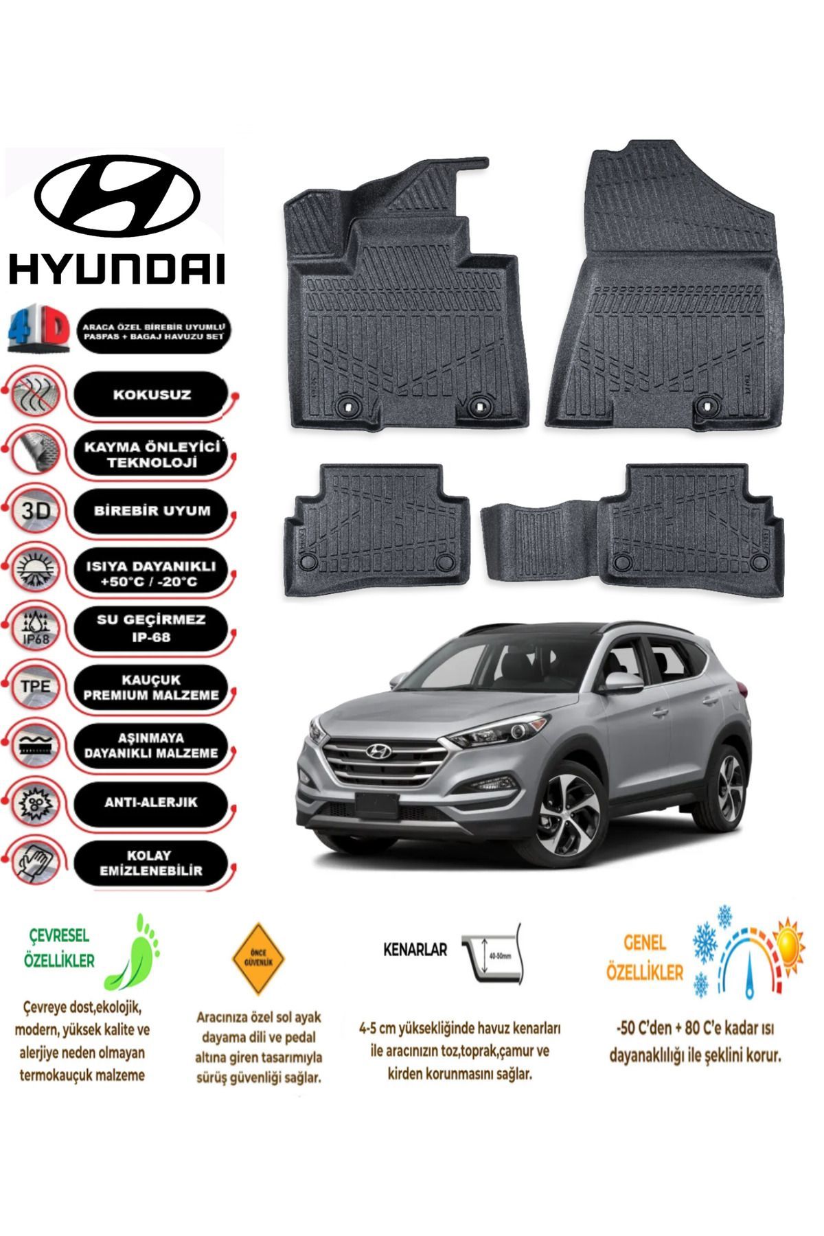 Hyundai Tucson 2014-2020 Arası 4D Araca Özel Havuzlu Kokusuz Paspas Takımıı