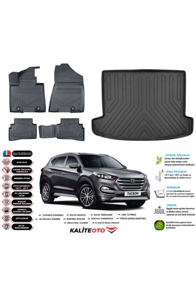 Hyundai Tucson 2017 Model Esnek Bagaj Havuzu Paspası Araca Özel Siyah Kokusuz Paspas Takımı
