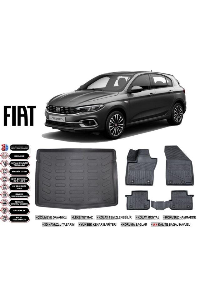 Fiat Egea Hatchback 2015 Model Stepneli Bagaj Havuzu Araca Özel Siyah Havuzlu Paspas Takımı Sett
