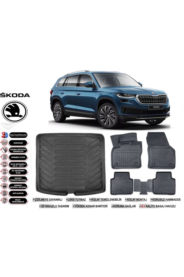 Skoda Kodiaq 2019 Model Bagaj Havuzu Araca Özel Siyah Havuzlu Paspas Takımı Sett