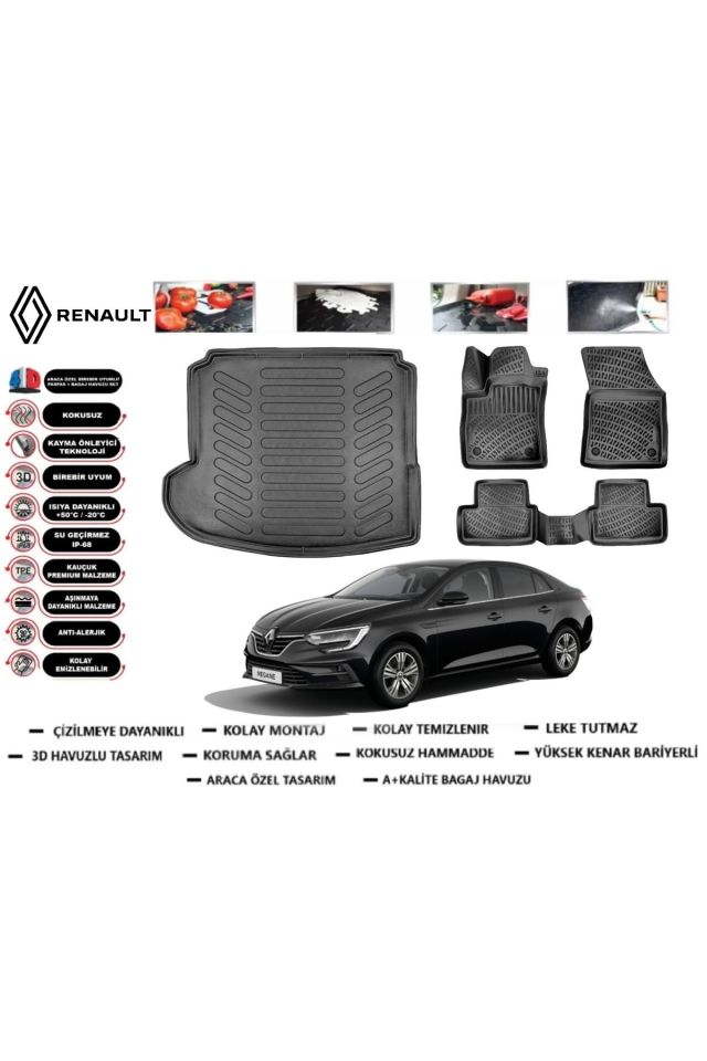 Renault Megane 4 Sedan 2016 Model Sol Kulaklı Bagaj Havuzu Araca Özel Paspas Takımı Flex