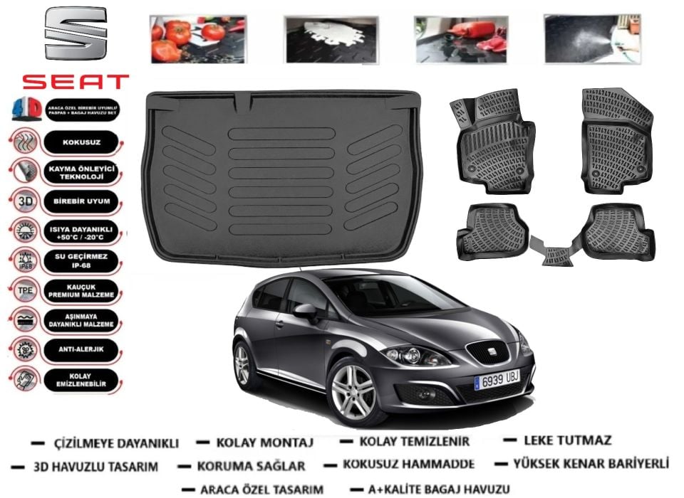 Seat Leon 2005-2012 3D Bagaj Havuzu+3D Araca Özel Paspas Takımı