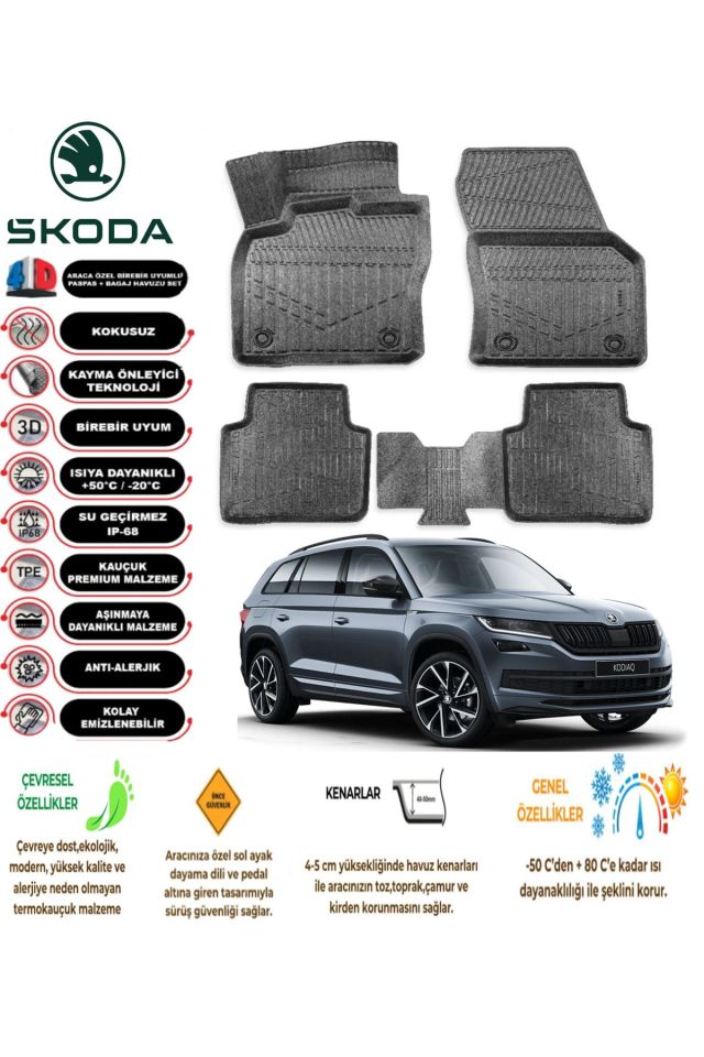 Skoda Kodiaq 2016 Model 4D Araca Özel Havuzlu Paspas Takımı