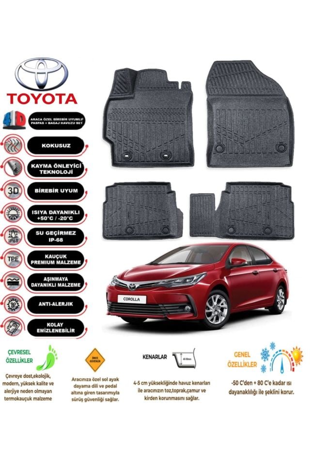 Toyota Corolla 2013-2018 Arası 4D Araca Özel Havuzlu Kokusuz Paspas Takımı