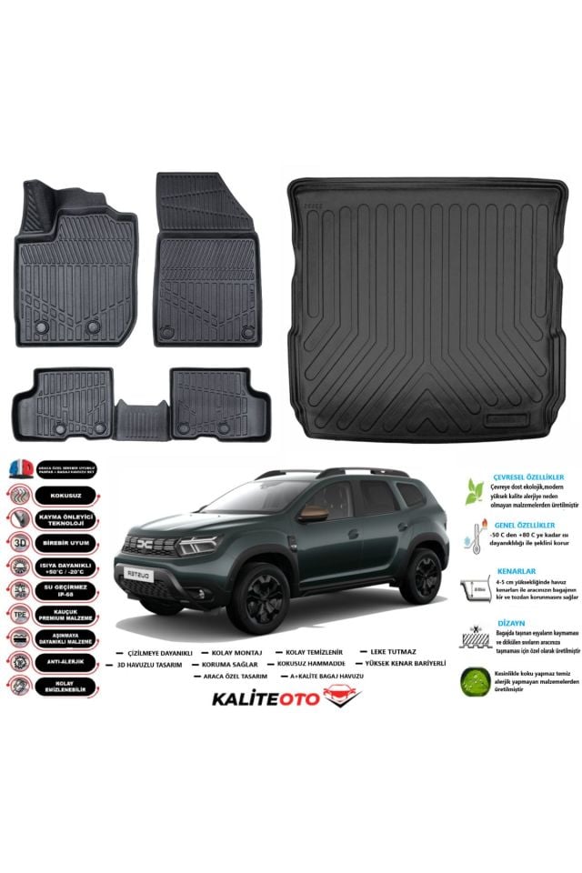 Dacia Duster 4X4 2024 Model Esnek Bagaj Havuzu Araca Özel Siyah Paspas Takımı