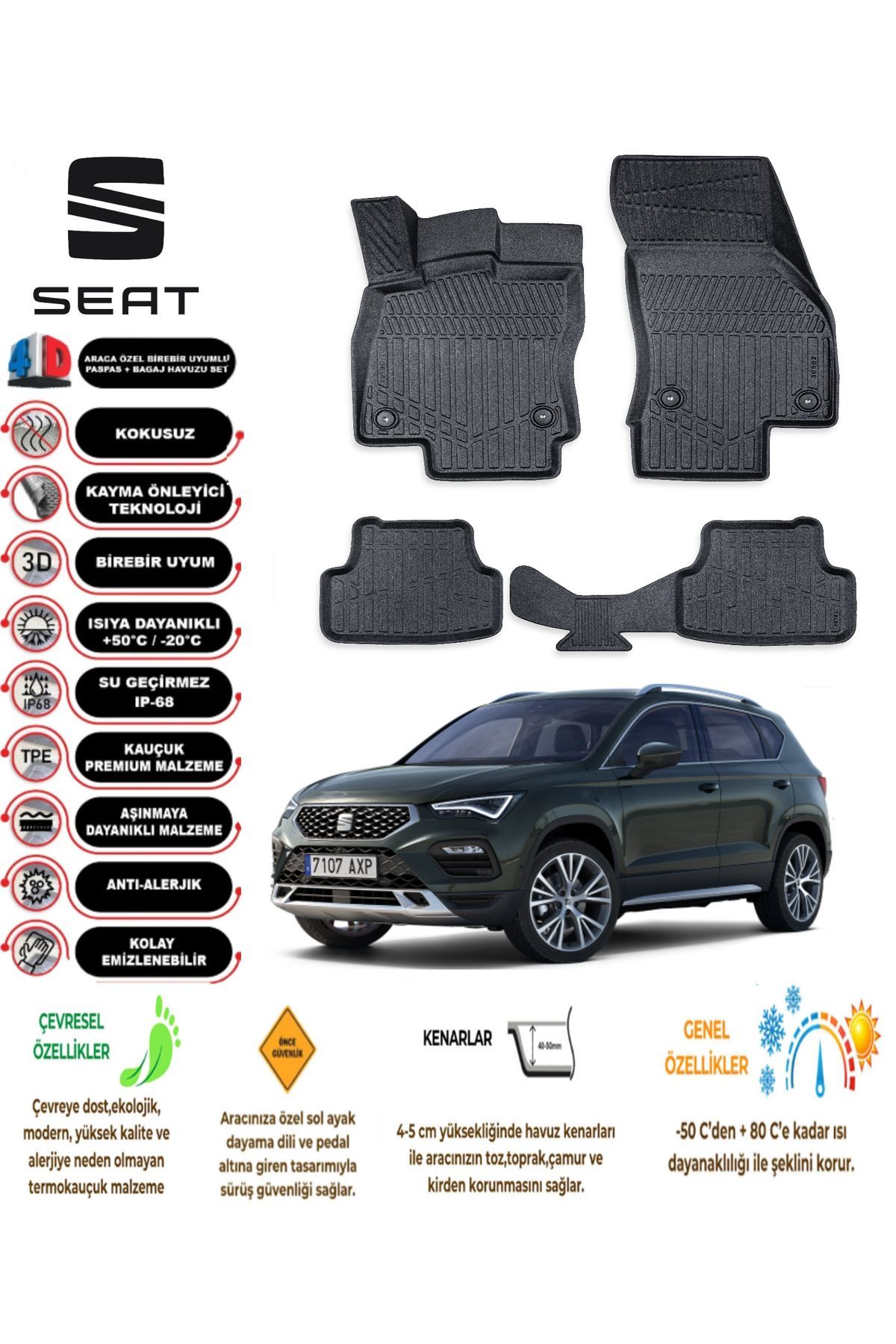 Seat Ateca 2016 Sonrası 4D Araca Özel Havuzlu Kokusuz Paspas Takımıı