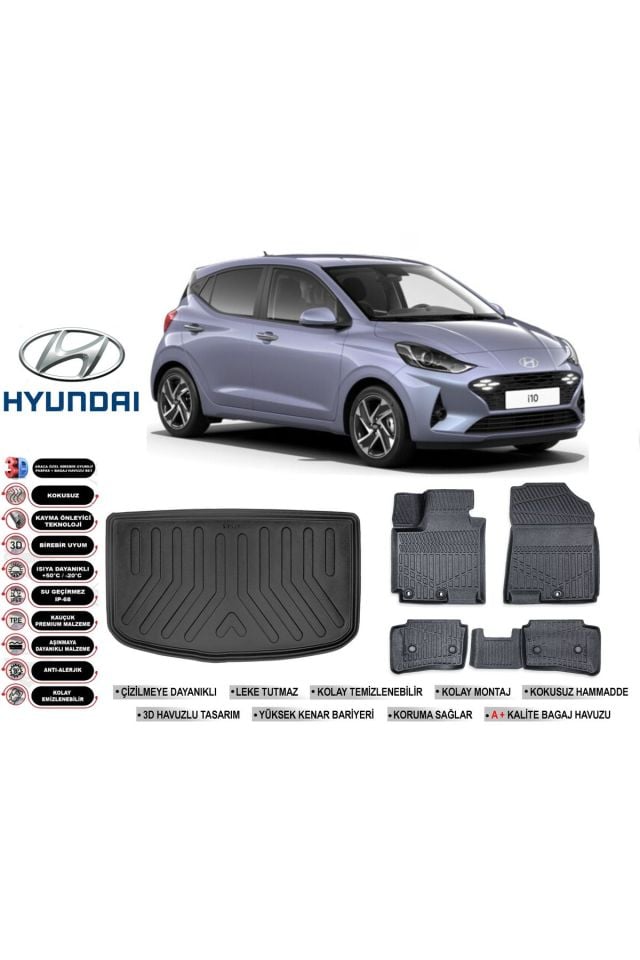 Hyundai İ10 2023 Model Bagaj Havuzu Araca Özel Siyah Havuzlu Paspas Takımı Sett