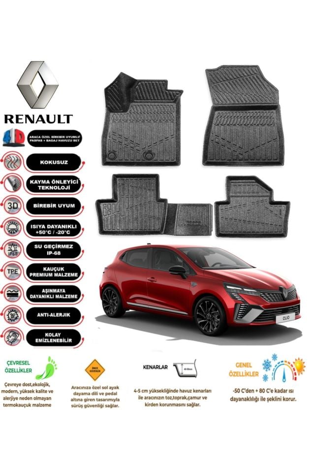 Renault Clio 5 2019 Sonrası 4D Araca Özel Havuzlu Kokusuz Paspas Takımı