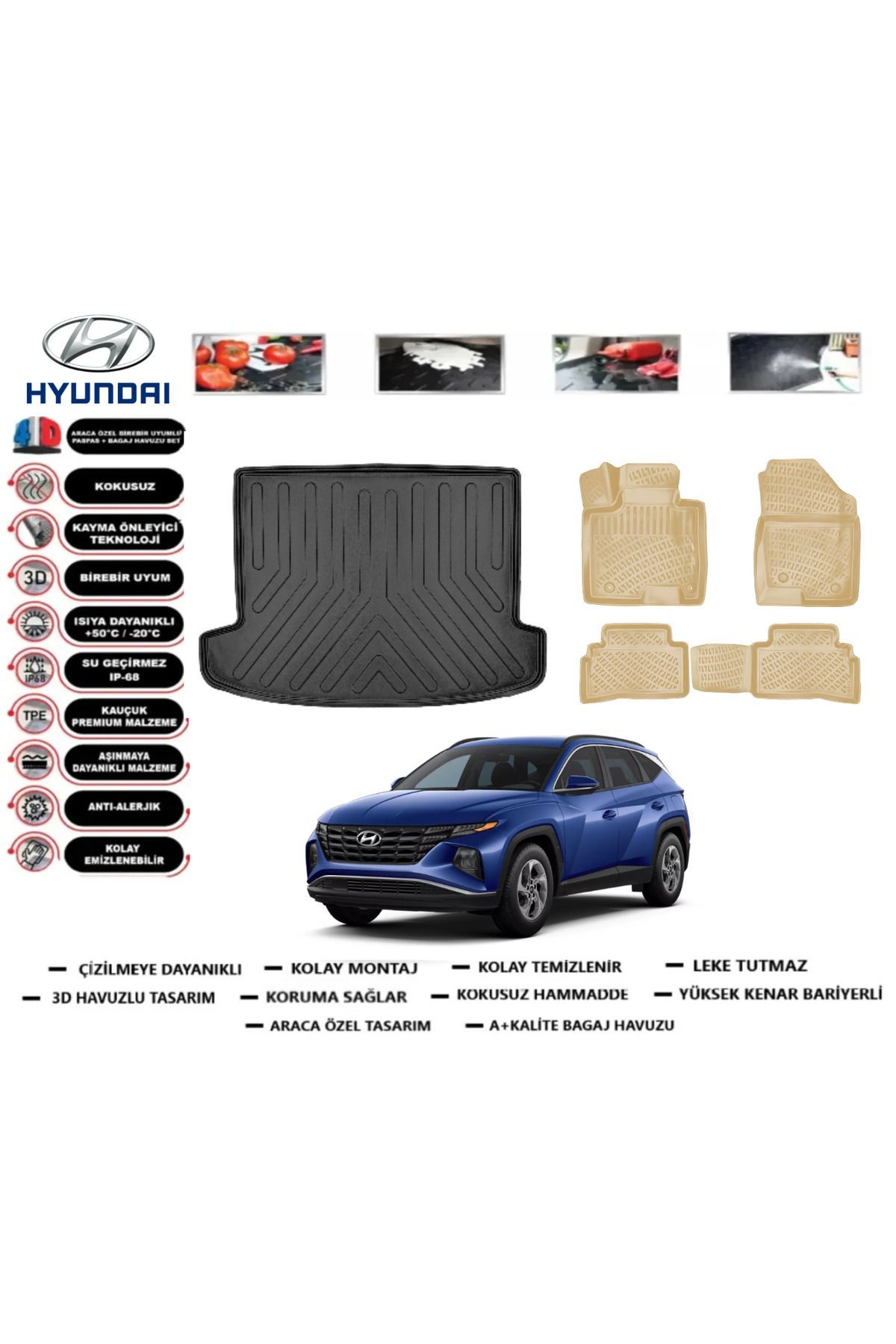 Hyundai Tucson Elite Plus 2022 Model Bagaj Havuzu(paspası)+Araca Özel Bej Paspas Takımı Flex