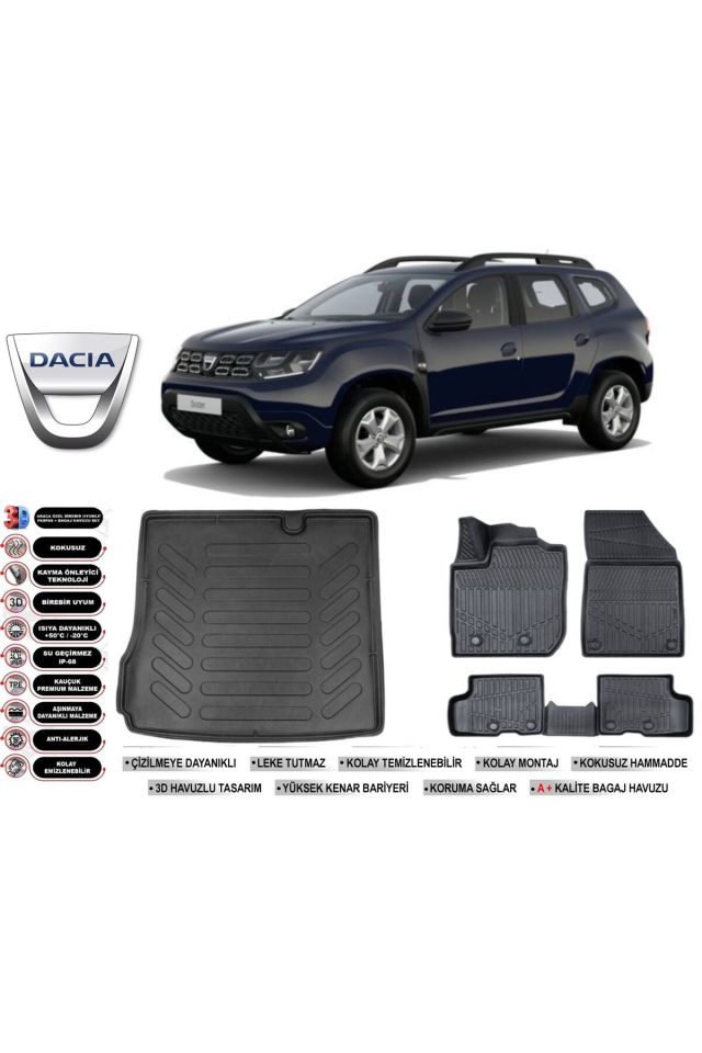 Dacia Duster 4X2 2022 Model Bagaj Havuzu Araca Özel Siyah Havuzlu Paspas Takımı Sett