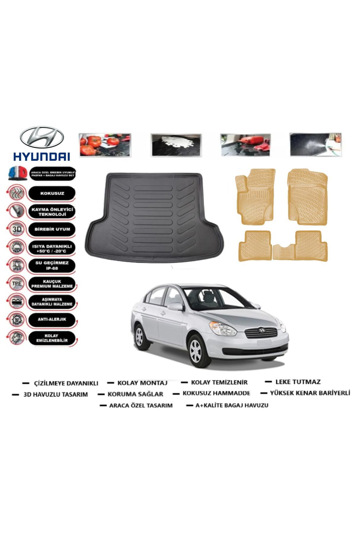 Hyundai Accent Era 2008 Model Bagaj Havuzu+Araca Özel Bej Paspas Takımı Flex