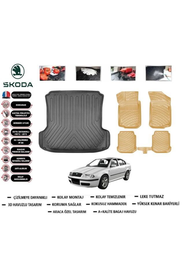 Skoda Octavia 1997 Model Bagaj Havuzu(paspası)+Araca Özel Bej Paspas Takımı Flex