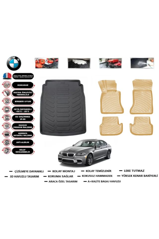 Bmw 5 serisi F10 2015 Model Bagaj Havuzu+Araca Özel Bej Paspas Takımı Flex