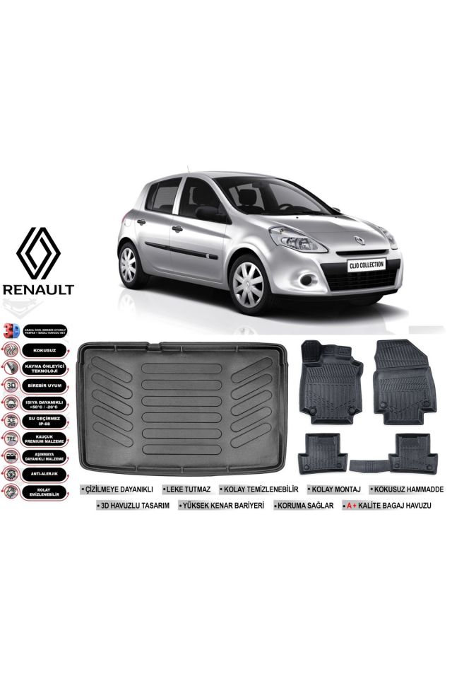 Renault Clio 3 2005 Model Kancasız Bagaj Havuzu Araca Özel Siyah Havuzlu Paspas Takımı Sett