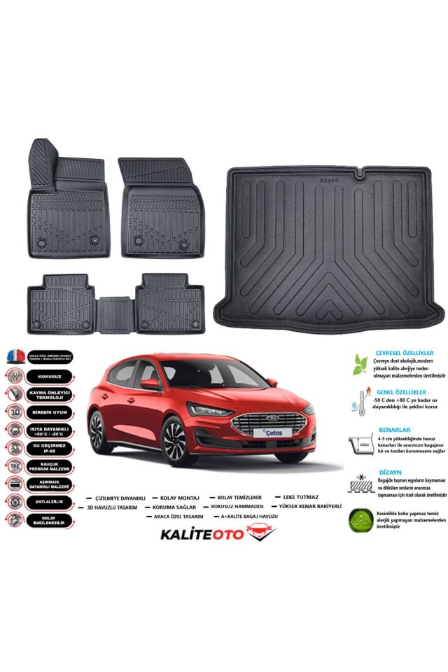 Ford Focus 5 Hatchback 2019 Model Stepneli Esnek Bagaj Havuzu Araca Özel Siyah Paspas Takımı