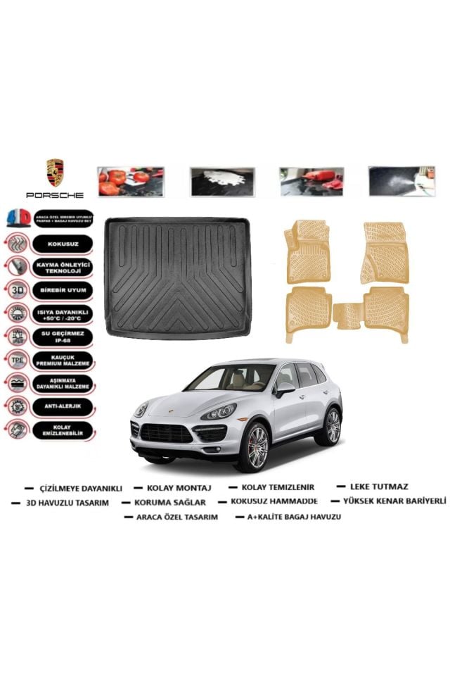 Porsche Cayenne 2013 Model Bagaj Havuzu(paspası)+Araca Özel Bej Paspas Takımı Flex