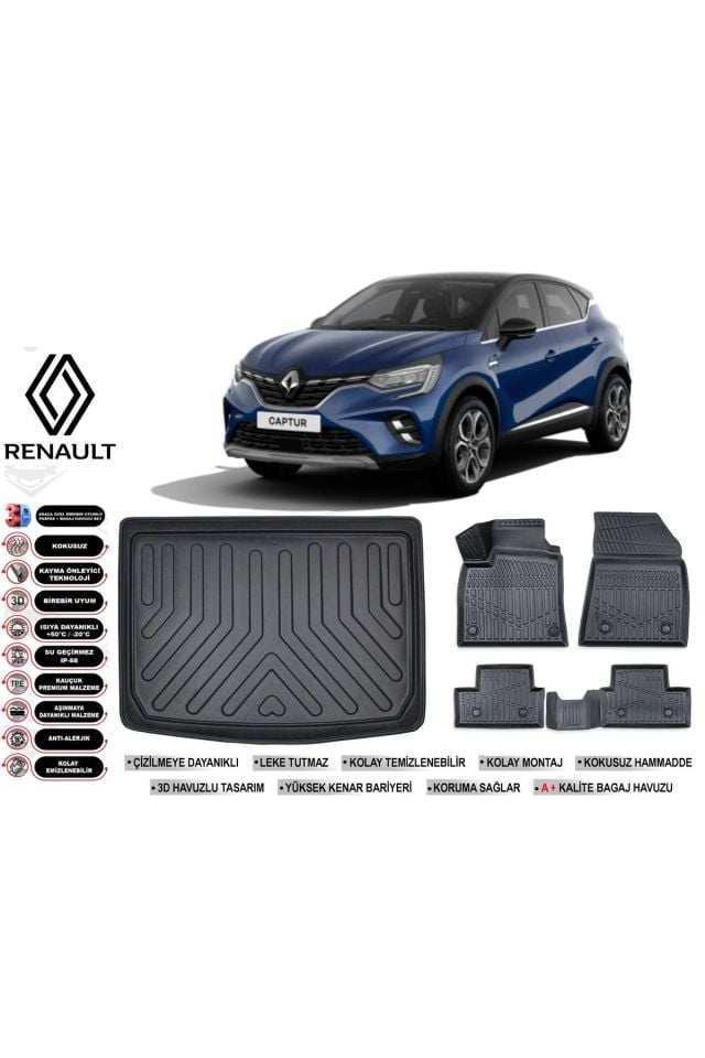 Renault Captur 2024 Model Alt Bagaj Havuzu Araca Özel Siyah Havuzlu Paspas Takımı Sett