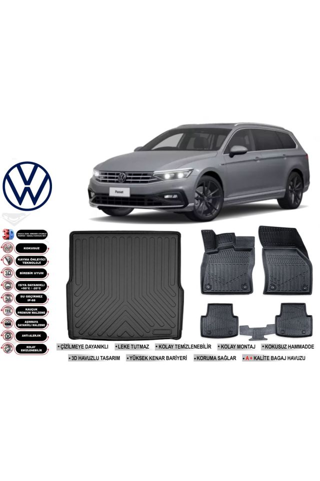 Volkswagen Passat B8 Stw 2020 Model Bagaj Havuzu Araca Özel Siyah Havuzlu Paspas Takımı Sett