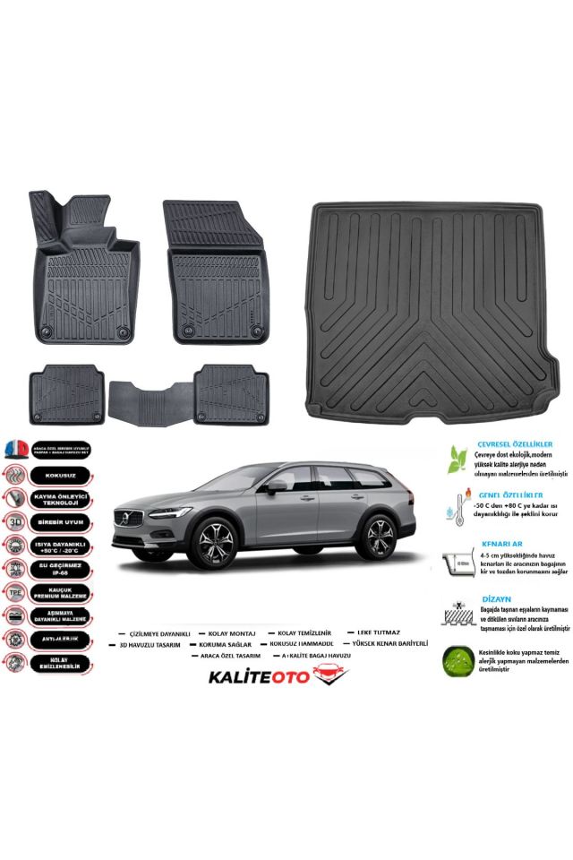 Volvo V90 2019 Model Esnek Bagaj Havuzu Araca Özel Siyah Paspas Seti