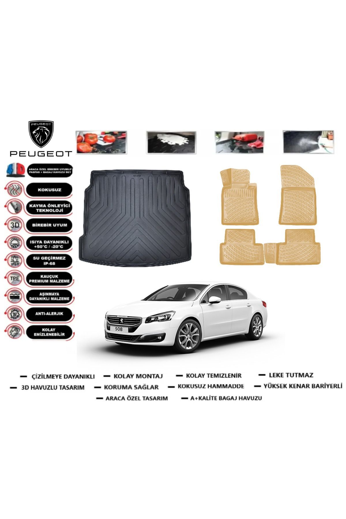 Peugeot 508 2016 Model Allure Bagaj Havuzu+Araca Özel Bej Paspas Takımı Flex