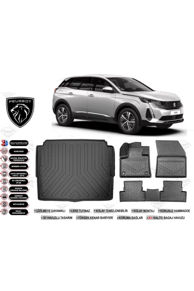 Peugeot 3008 2022 Model Alt Bagaj Havuzu Araca Özel Siyah Havuzlu Paspas Takımı Sett