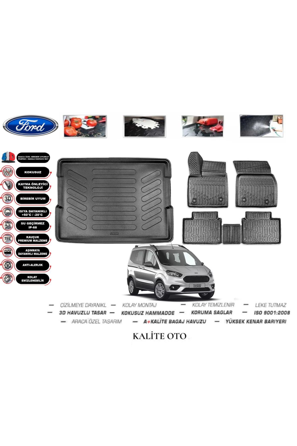 Ford Courier 2014-2023 3D Bagaj Havuzu+4D Havuzlu Paspas Setiii