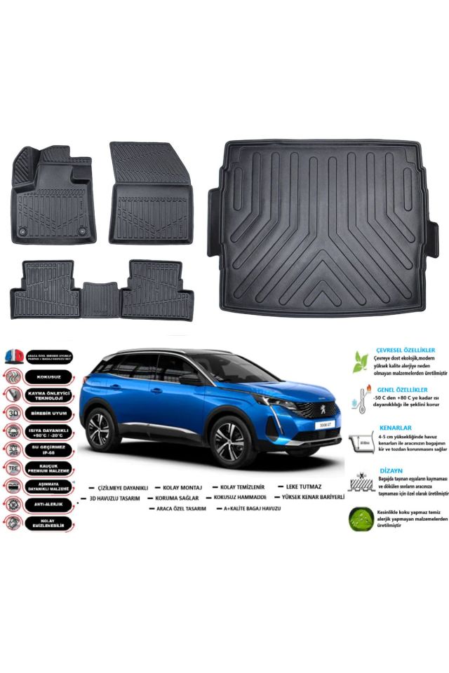 Peugeot 3008 2023 Model Üst Esnek Bagaj Havuzu Araca Özel Siyah Paspas Takımı