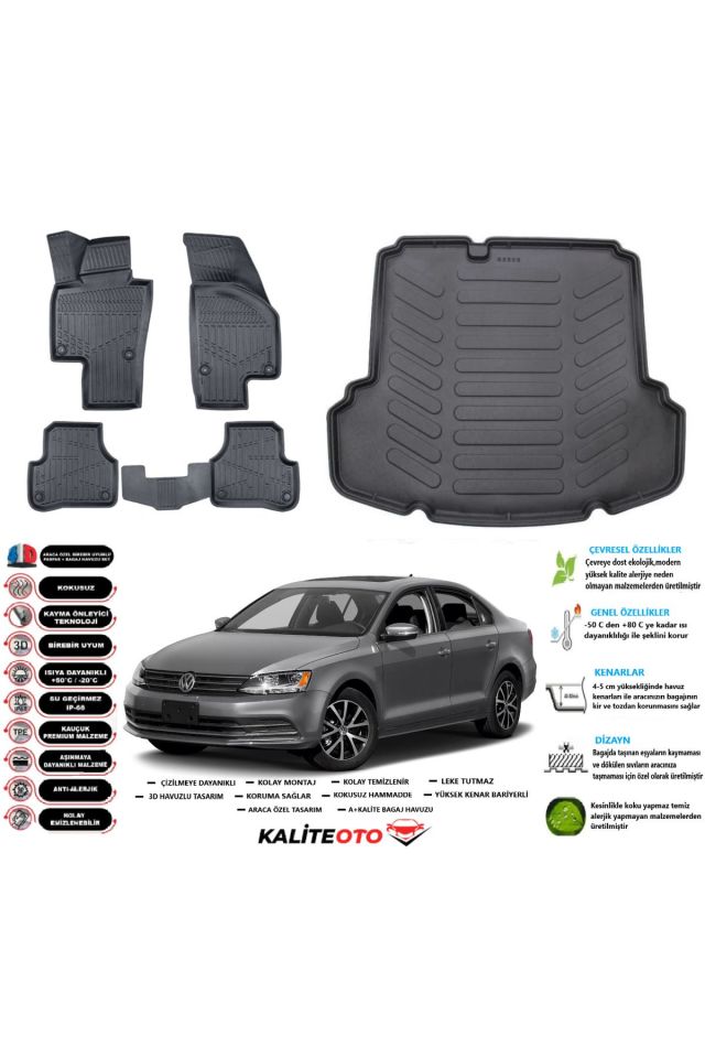 Volkswagen Jetta 2015 Model Cepli Esnek Bagaj Havuzu Araca Özel Siyah Paspas Takımı