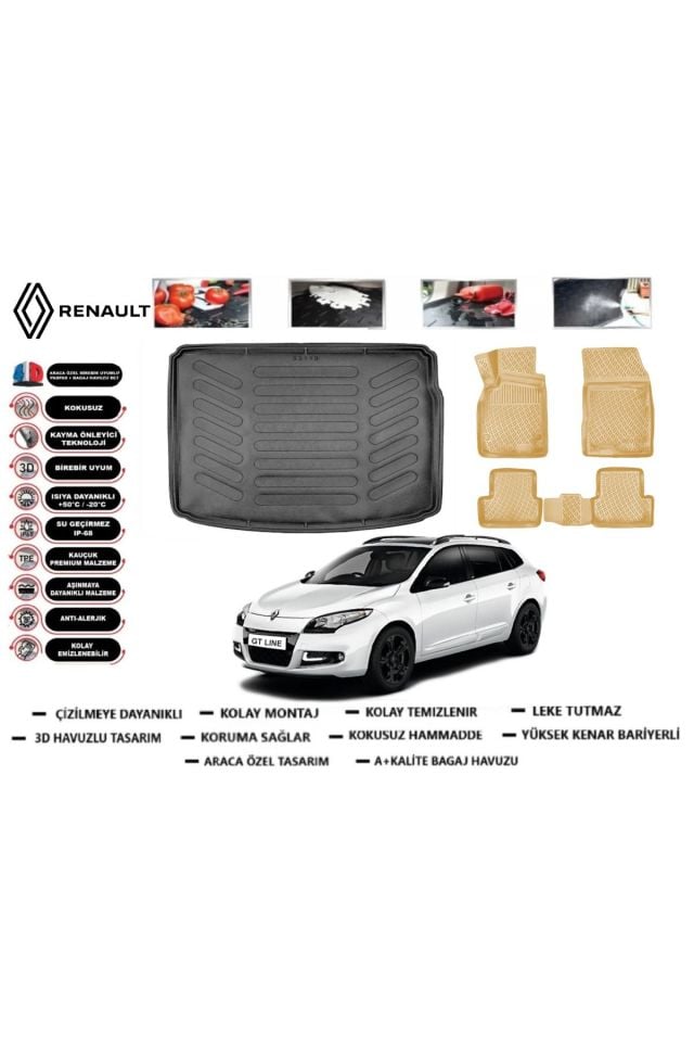 Renault Megane 3 Sport tourer 2010 Model Bagaj Havuzu+Araca Özel Bej Paspas Takımı Flex