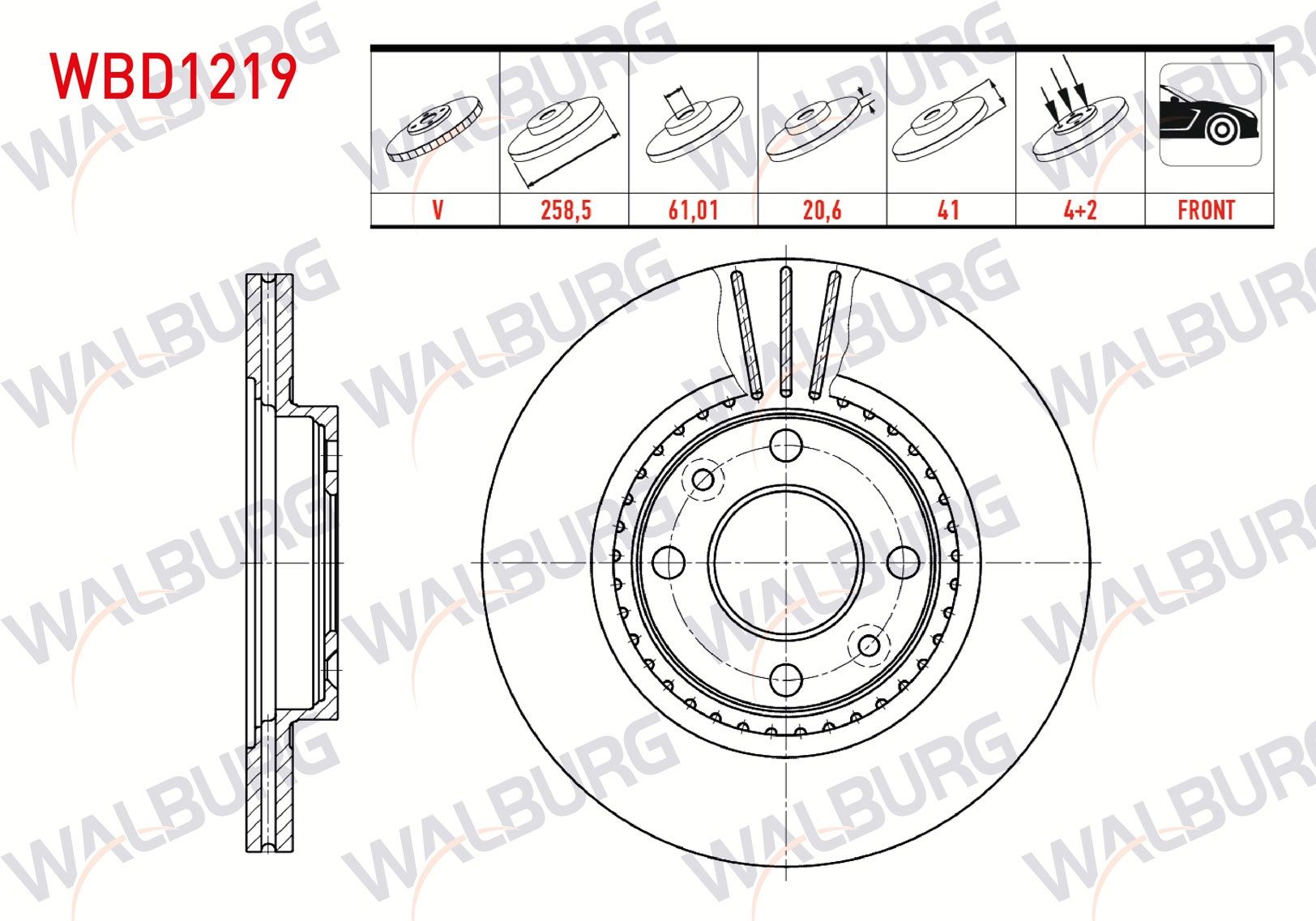 FREN DISKI ON HAVALI 4 BJN 259X20,7X61,01X41 RENAULT CLIO II 1.2i 16v - 1.4i 16v - 1.6i 16v - 1.5 DCI 1998-2005/ KANGOO 1.4 - 1.5 DCI - 1.9 D 1998-2008/ MEGANE I 1.4i 16v 1.6i 16v 1996-2003 - WBD1219