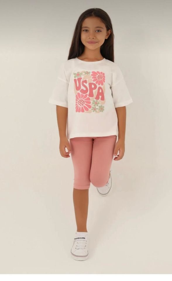 U.S. Polo Assn Lisanslı Flower Krem Kız Çocuk Kapri Takım
