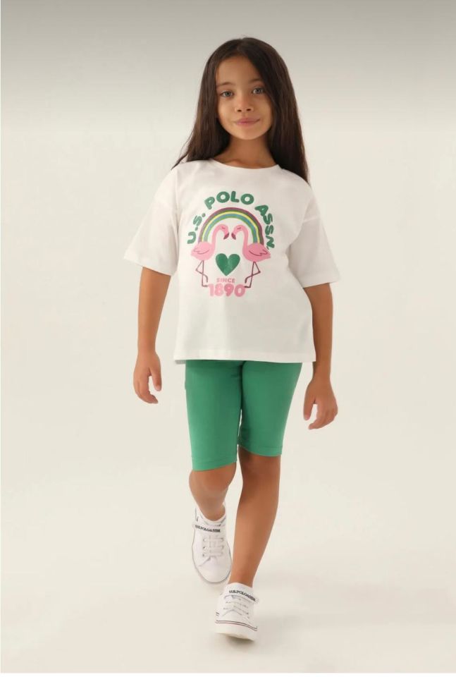 U.S. POLO ASSN. U.S. POLO ASSN LİSANSLI RAİNBOW KREM KIZ ÇOCUK BERMUDA TAKIM