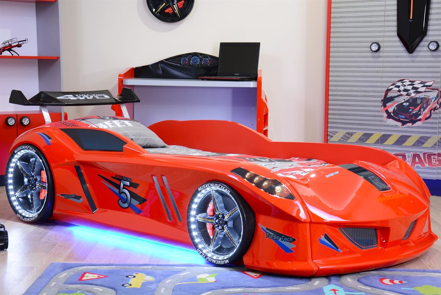 Jaguar Arabalı Yatak Rüzgarlıklı Full Ledli Kumandalı - Kırmızı