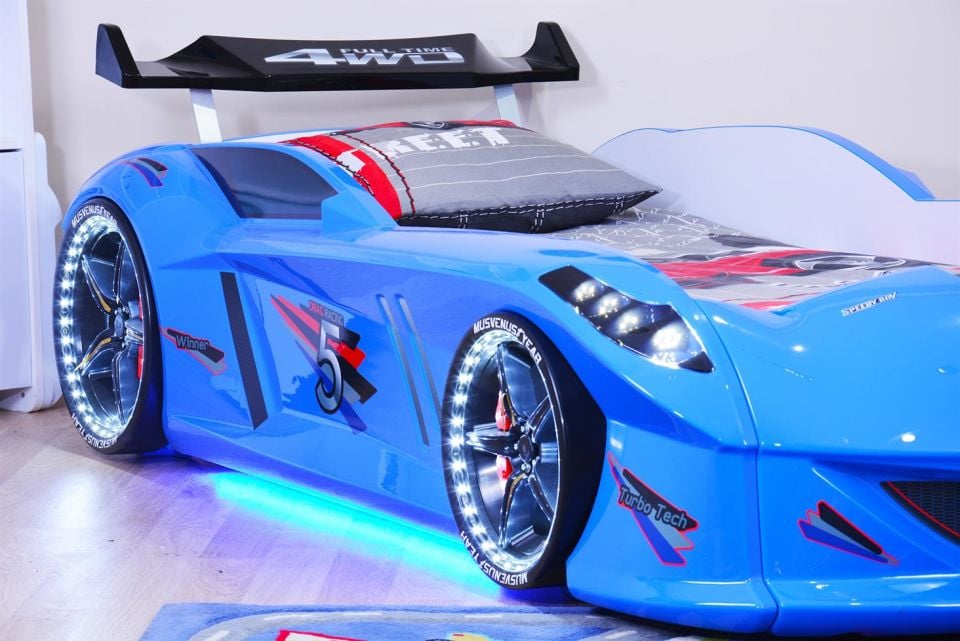 Jaguar Arabalı Yatak Rüzgarlıklı Full Ledli Kumandalı - Mavi