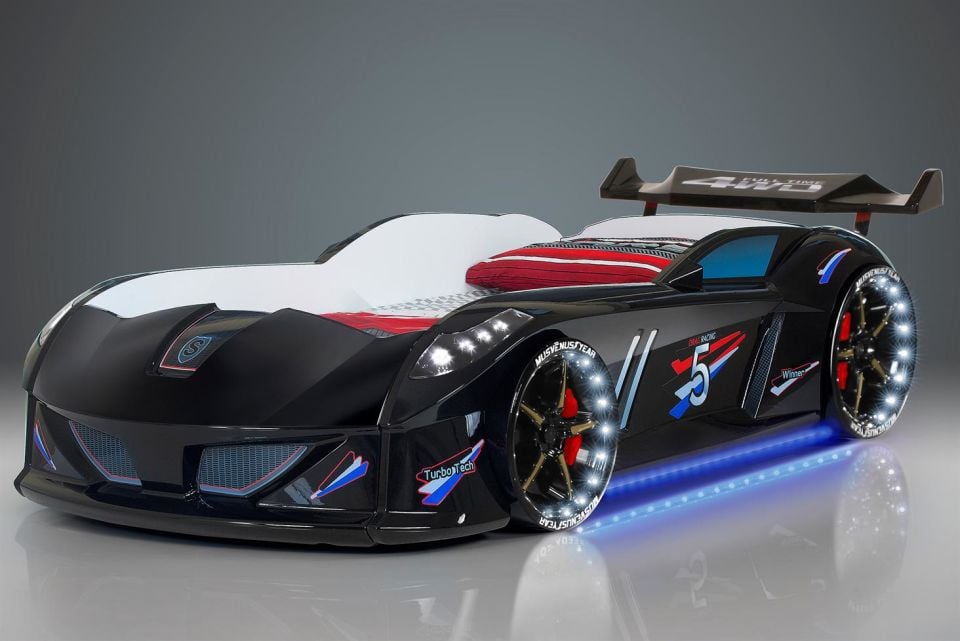 Jaguar Arabalı Yatak Rüzgarlıklı Full Ledli Kumandalı - Siyah