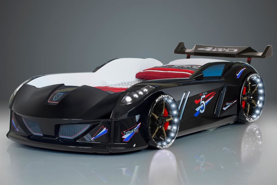 Jaguar Arabalı Yatak Rüzgarlıklı Full Ledli Kumandalı - Siyah