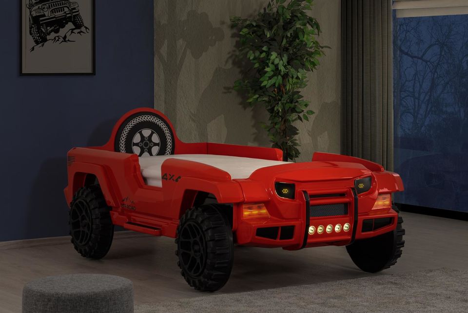 Jeep Superlux Ledli Arabalı Yatak Kırmızı