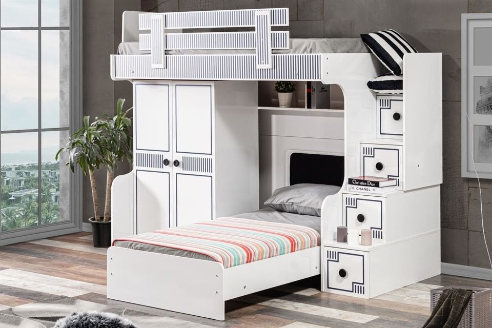 Çizgi Ranza Karyola 2 Kapaklı Dolap