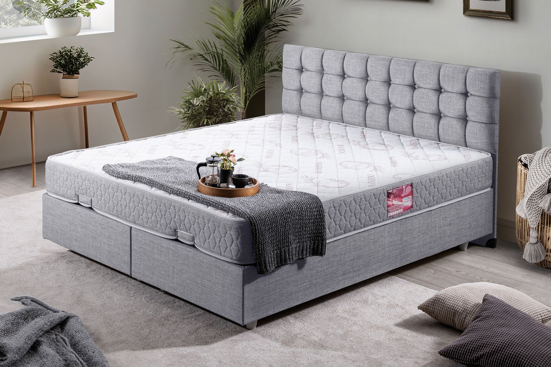 Venedik Çift Kişilik Baza Başlık Letto Yatak Seti 180 x 200 - Açık Gri