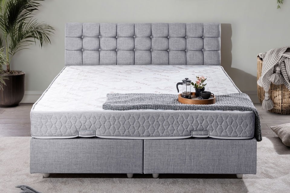 Venedik Çift Kişilik Baza Başlık Letto Yatak Seti 180 x 200 - Açık Gri