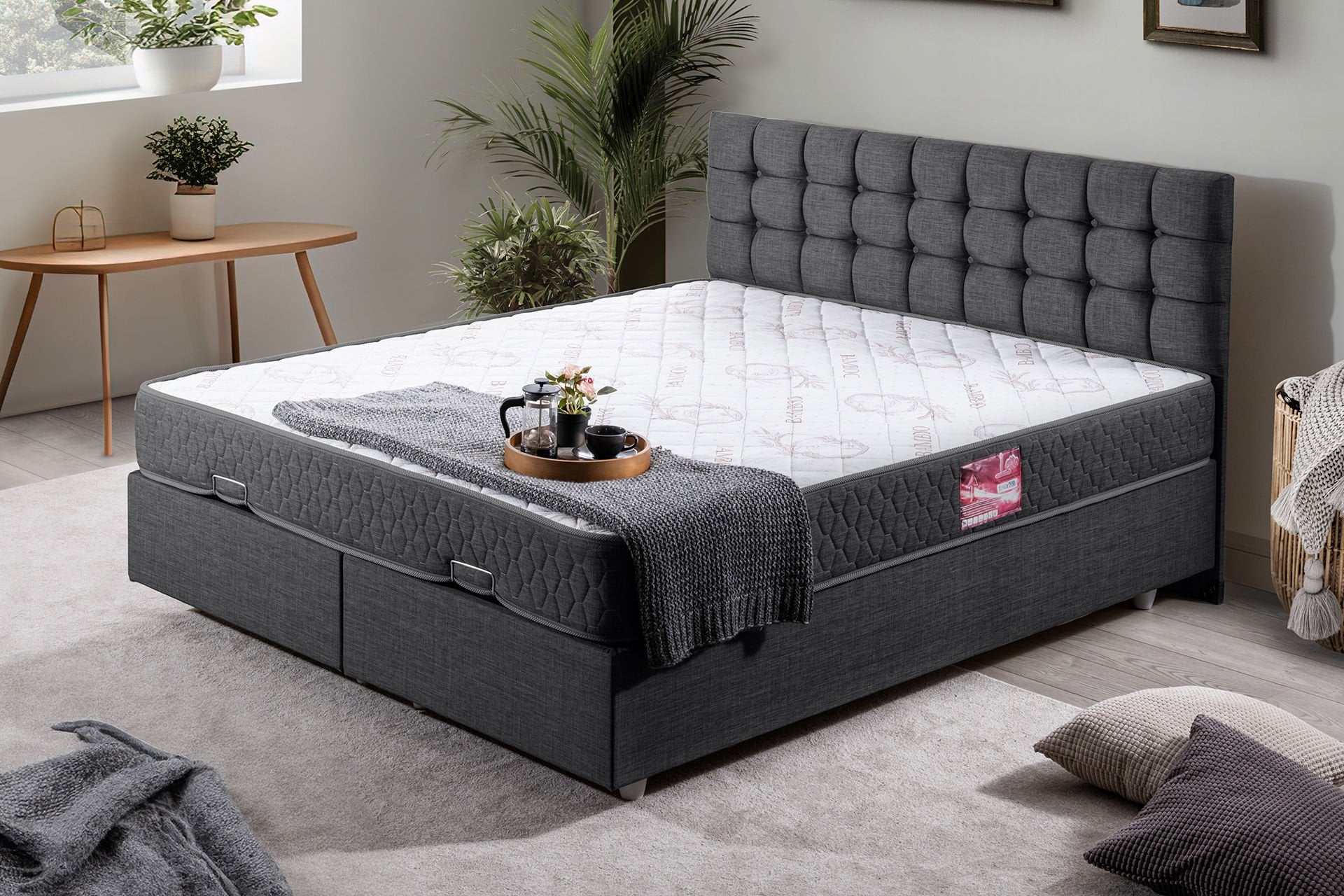 Venedik Çift Kişilik Baza Başlık Letto Yatak Seti 140 x 190 - Antrasit