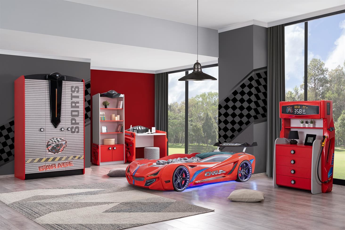 Sports Mercedes Arabalı Yataklı Çocuk Odası Takımı - Kırmızı