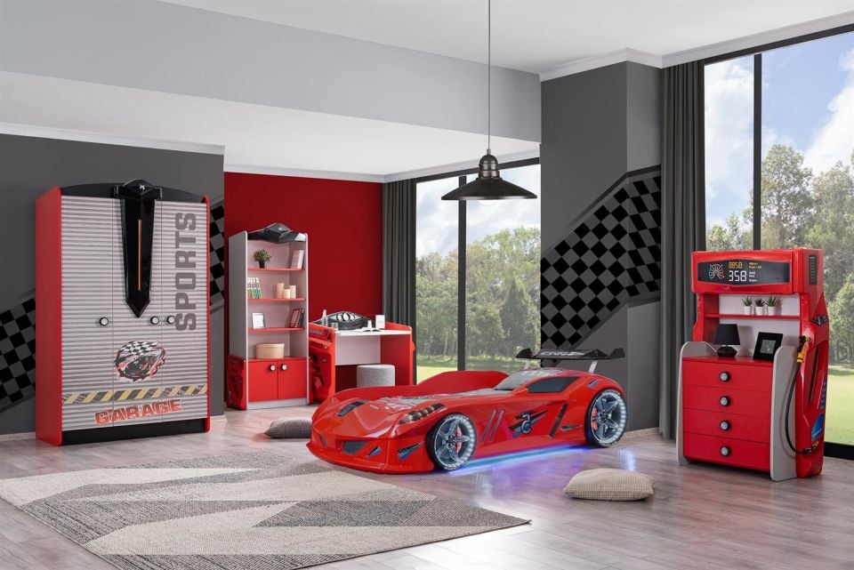 Sports Jaguar Arabalı Yataklı Çocuk Odası Takımı - Kırmızı
