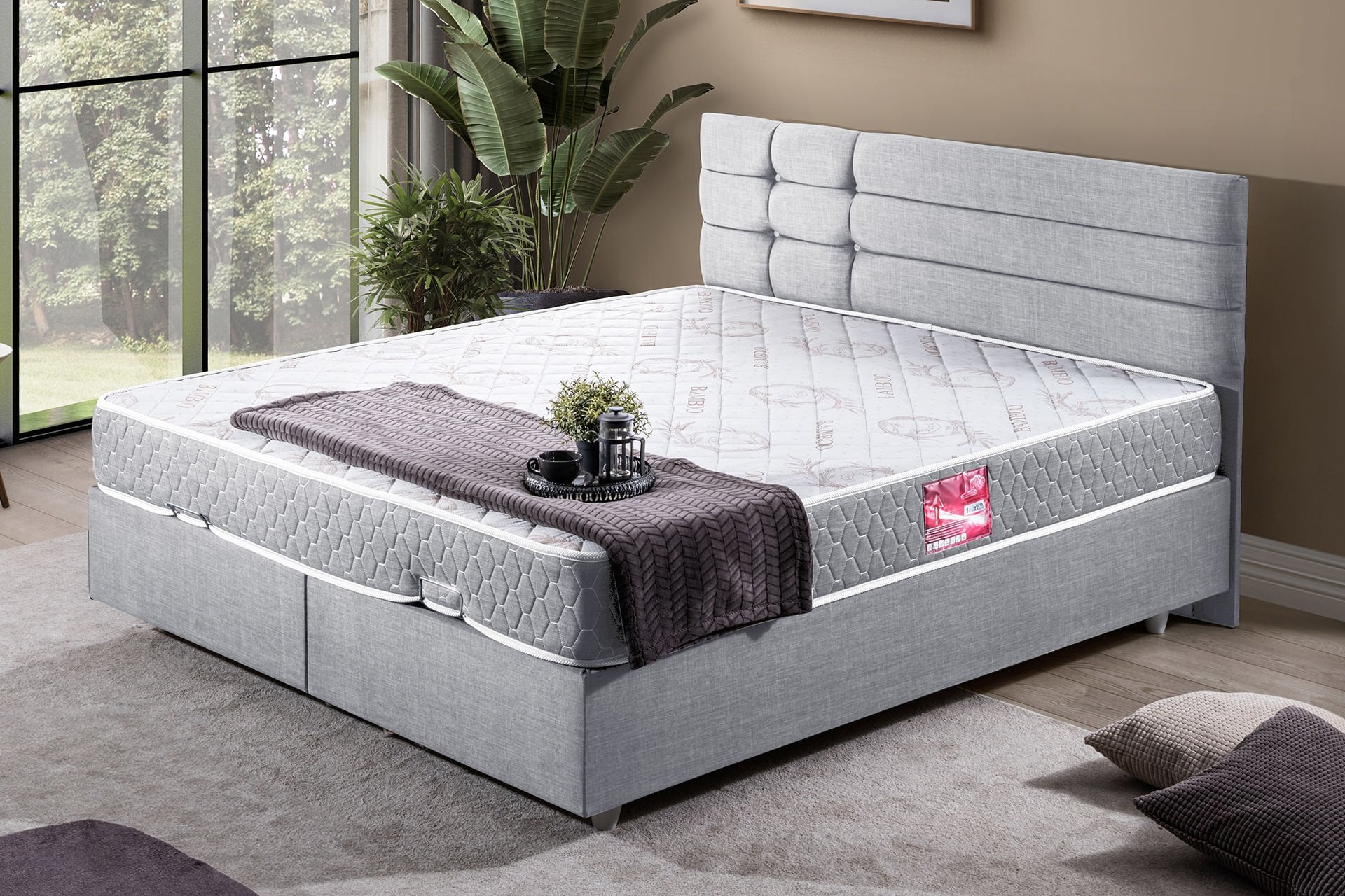 Viyana Çift Kişilik Baza Başlık Letto Yatak Seti 160 x 200 - Açık Gri
