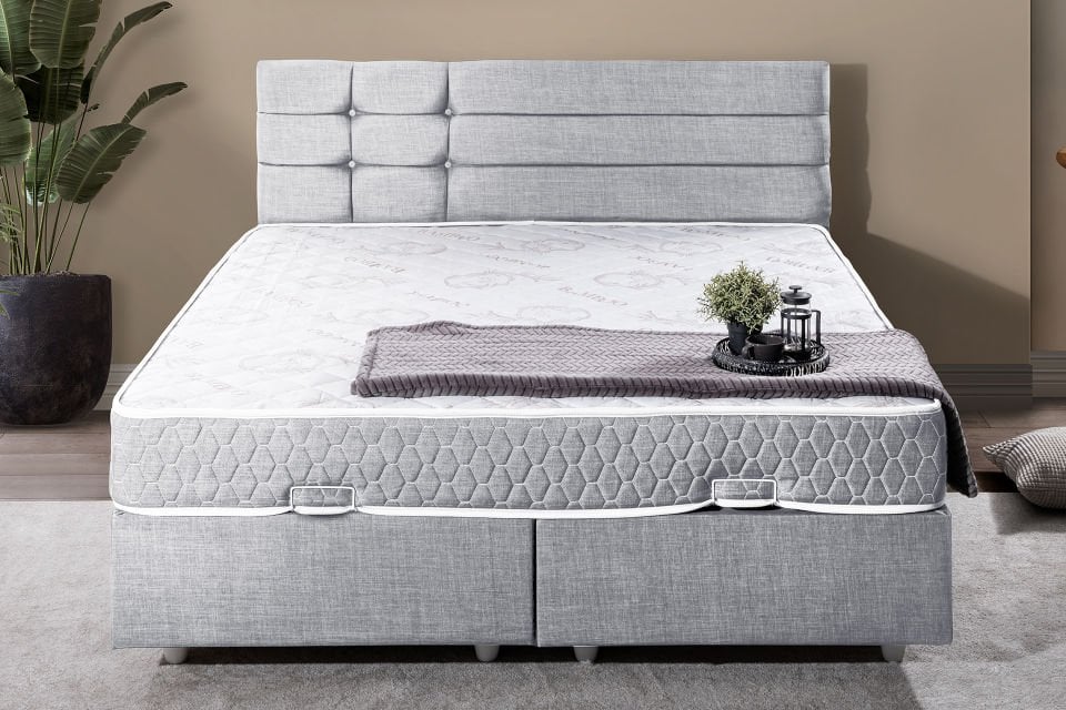 Viyana Çift Kişilik Baza Başlık Letto Yatak Seti 180 x 200 - Açık Gri