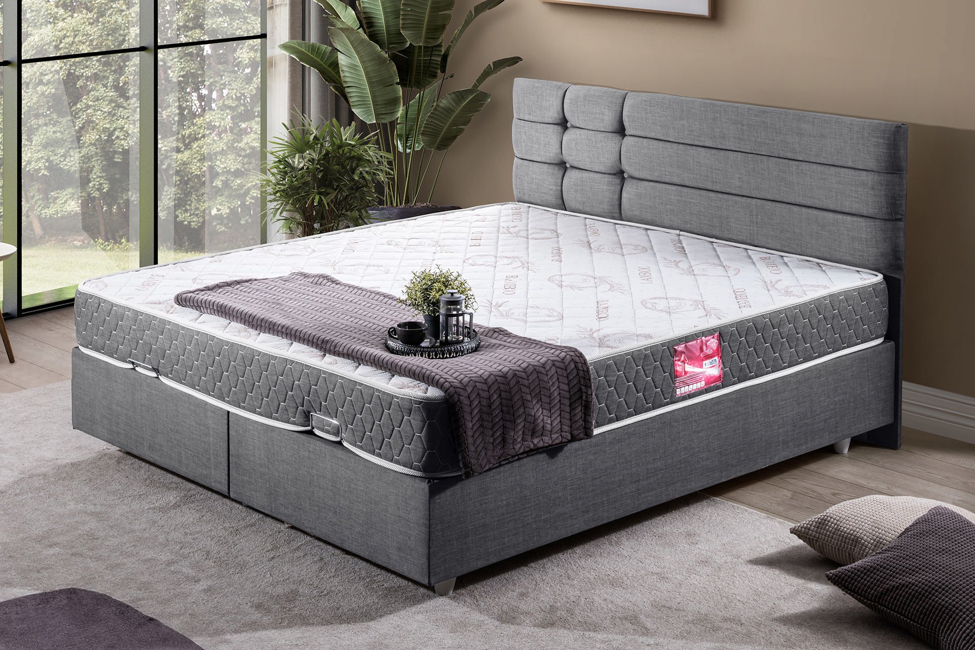 Viyana Çift Kişilik Baza Başlık Letto Yatak Seti 180 x 200 - Gri