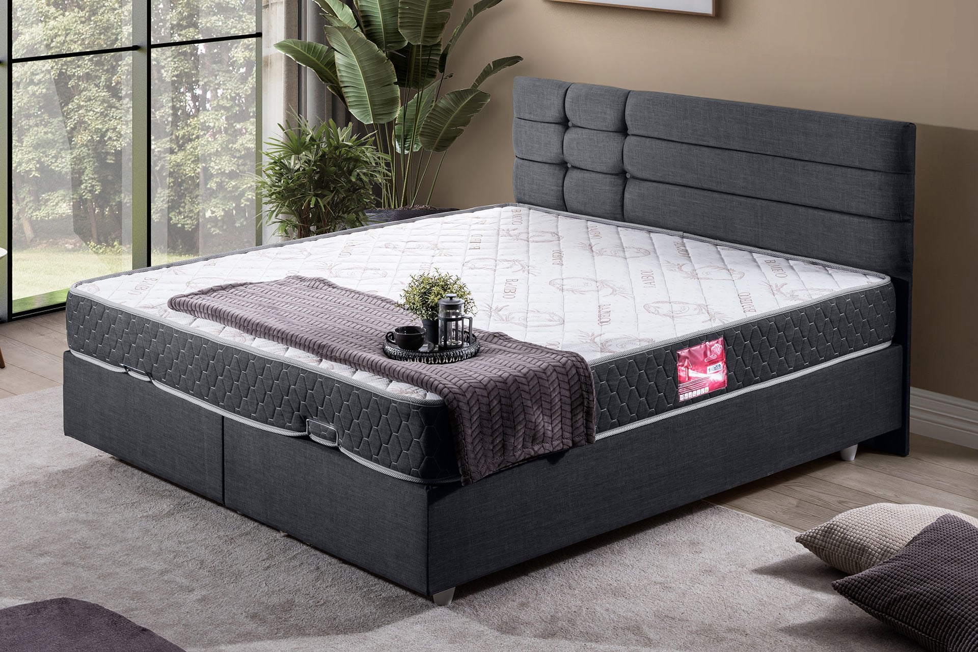 Viyana Çift Kişilik Baza Başlık Letto Yatak Seti 150 x 200 - Antrasit