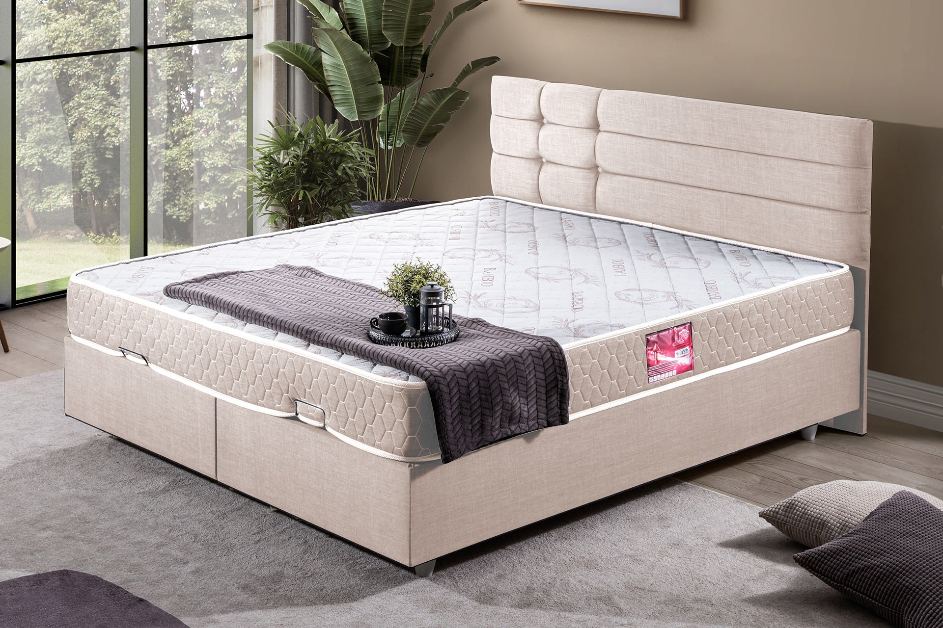 Viyana Çift Kişilik Baza Başlık Letto Yatak Seti 160 x 200 - Krem