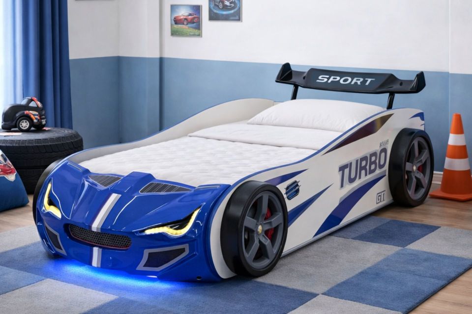 Turbo GTI Rüzgarlıklı Ledli Arabalı Yatak Mavi