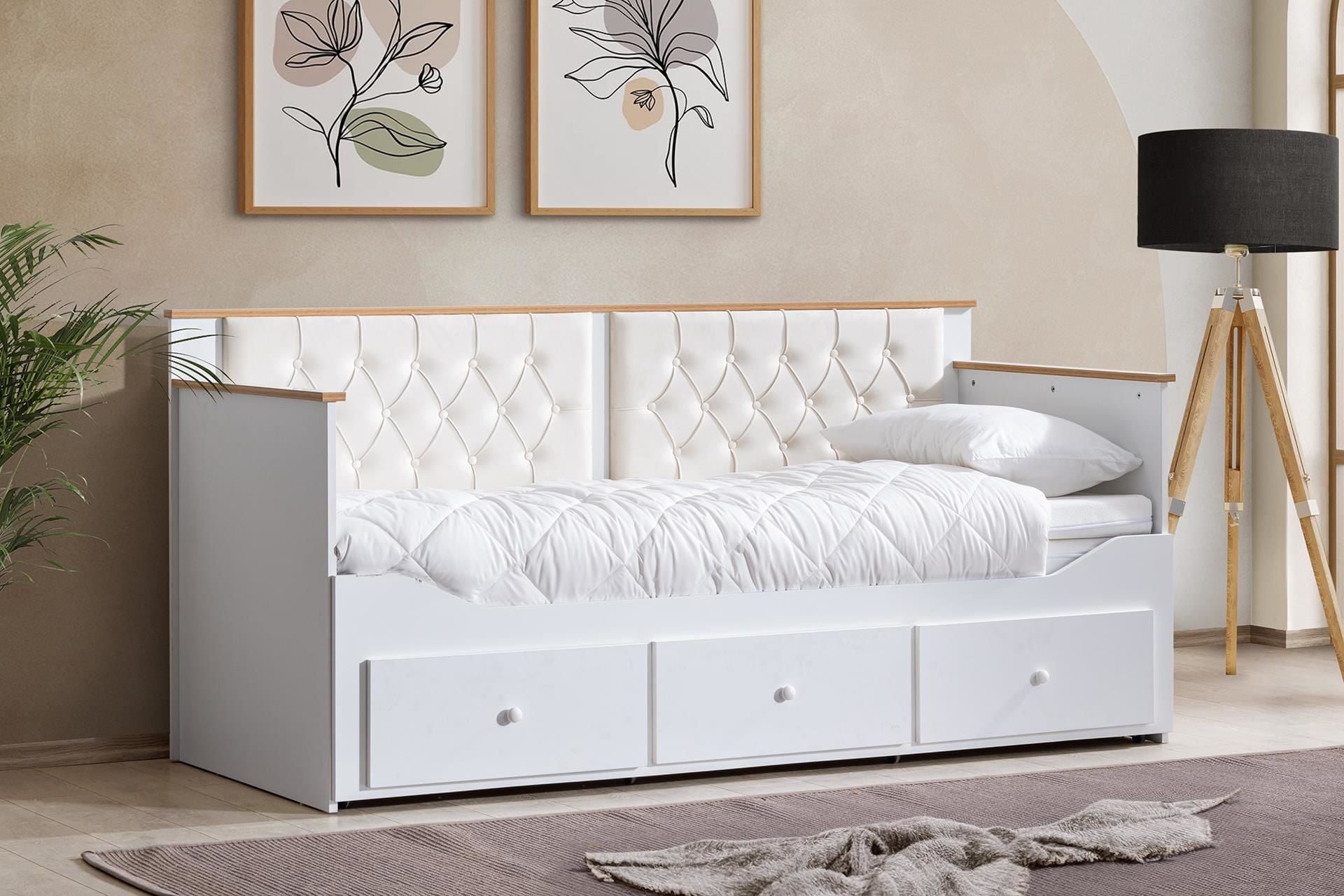 Alaçatı Divan Karyola Çekmeceli Açılır Çift Kişilik (Yataksız) Krem